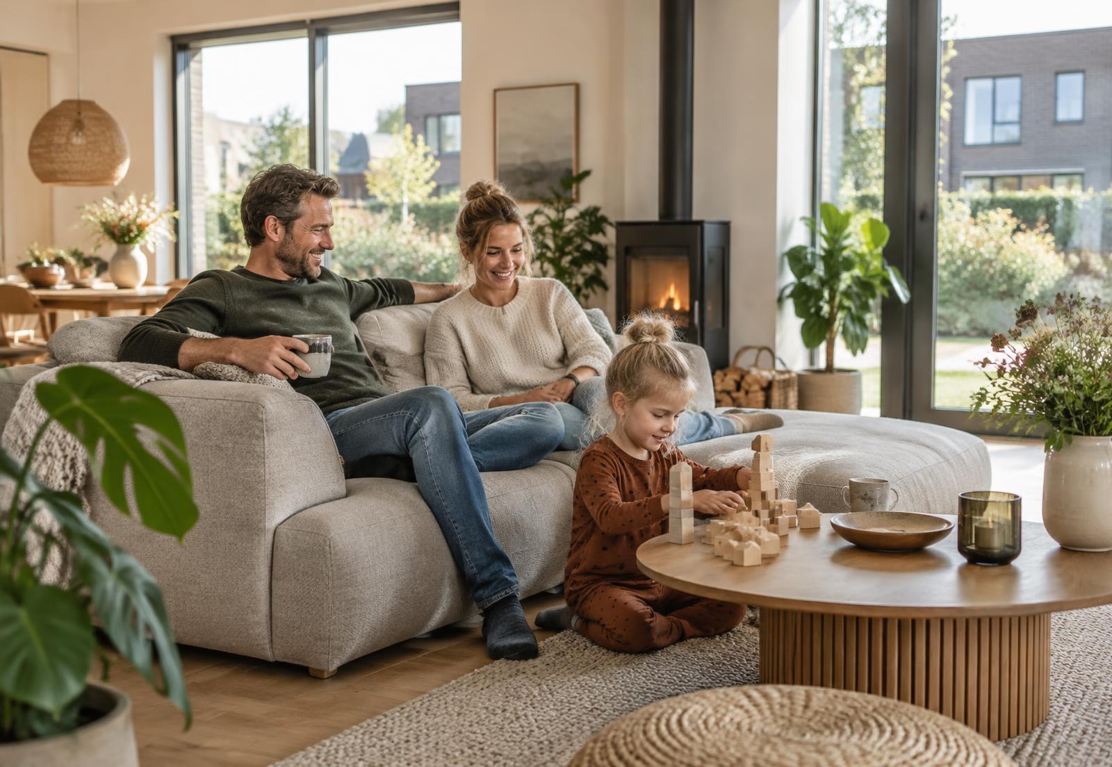 Gezin in een comfortabele, energiezuinige Nederlandse woonkamer met daglicht
